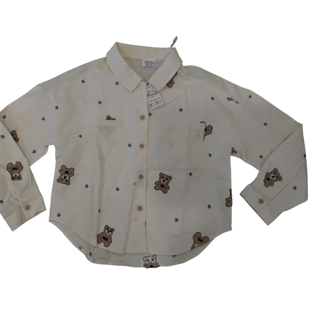 Very J New J Teddy Bear Star Embroidered Corduroy Button Down Shirt Cream Large